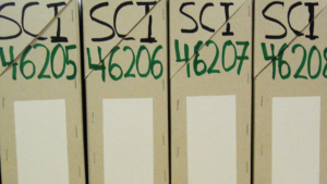 Front of Archives boxes of SCI International Archives